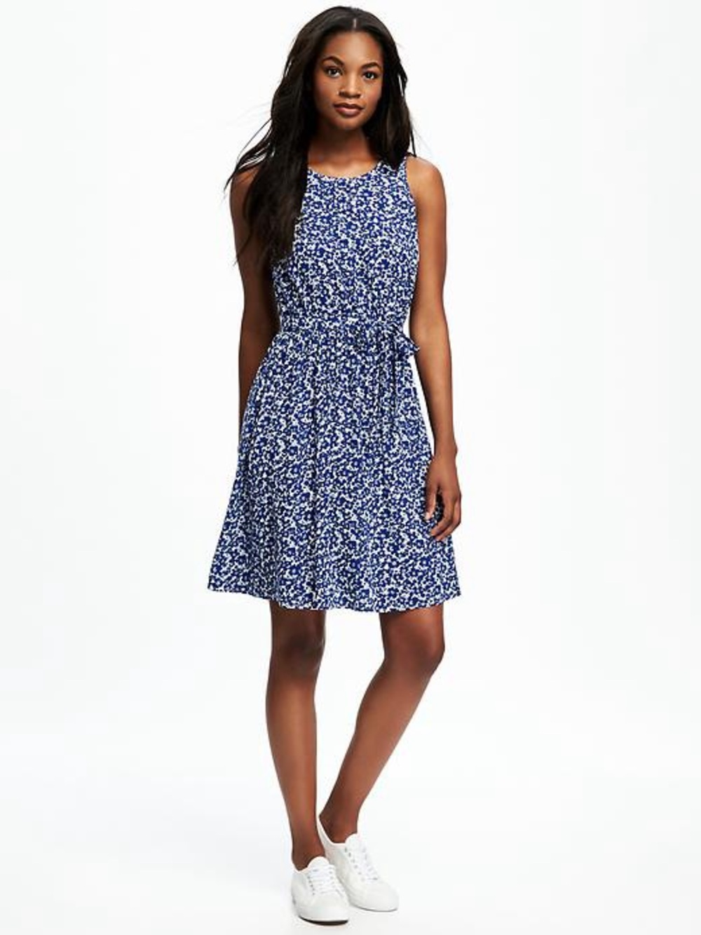 Old Navy NWT Blue White Ditsy Floral Print Sleeveless Waist Defined Dress